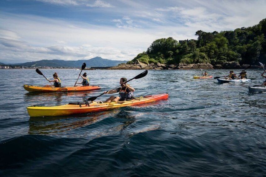 People kayaking on calm water with a forested island in the background. 1