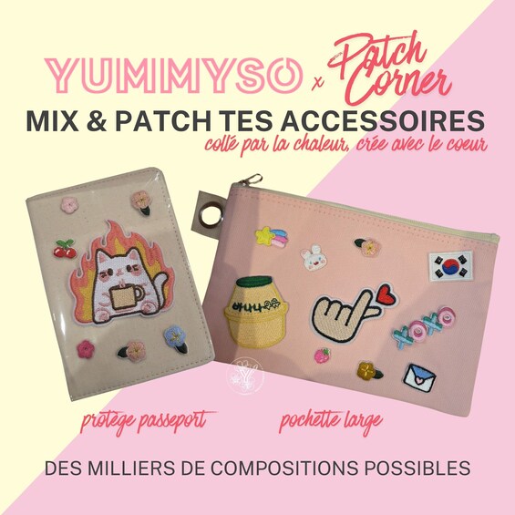 Two patchwork accessories, one with a passport cover and the other a large pocket, featuring various embroidered designs. 2