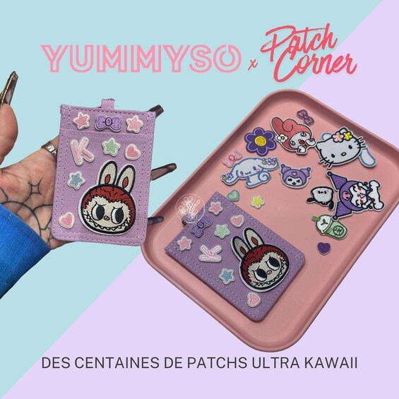 A hand holding a purple patchwork item with a bunny design, and a pink tray with various Hello Kitty patches. 1