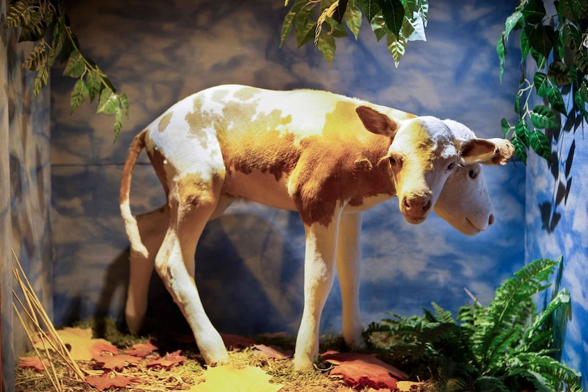 A life-sized model of a cow with a white and brown coat, standing on a straw-covered ground with red leaves, surrounded by green foliage and a blue background. 2