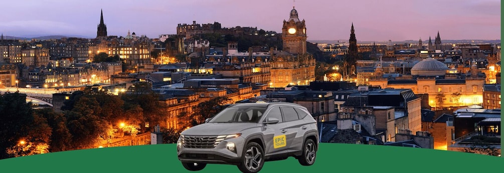 A cityscape at dusk with illuminated buildings, a prominent clock tower, and a modern SUV in the foreground. 2