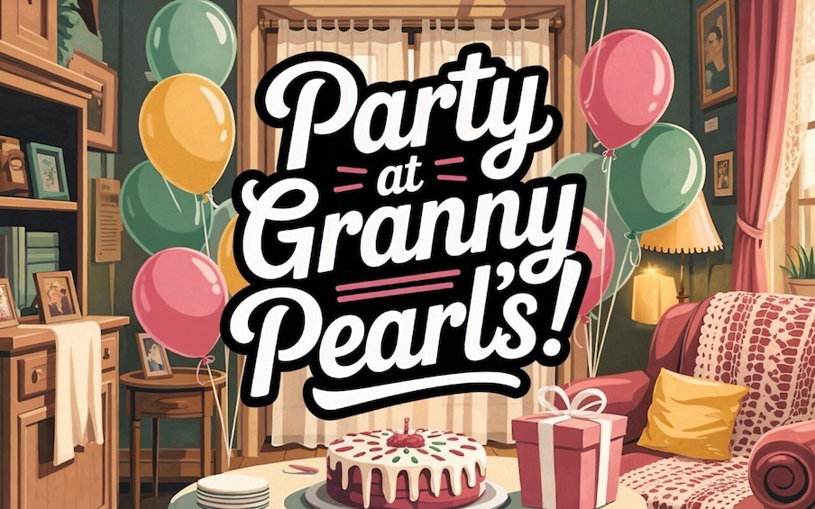 A cozy living room with a cake, balloons, and a gift on a table. 3