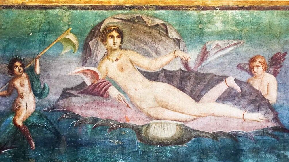A classical fresco with a central figure reclining on a rock, two cherubs, and a sea creature. 3