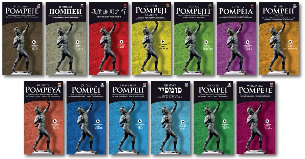 A series of book covers with a statue of a man in various poses. 1