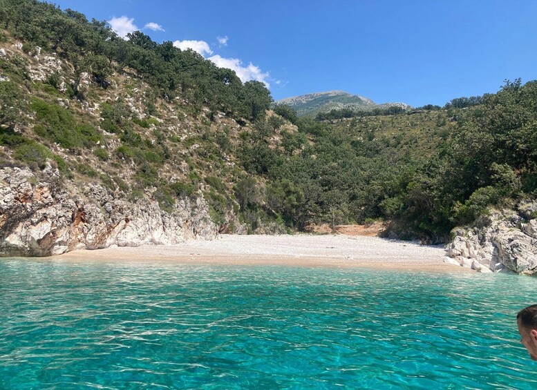A coastal landscape with clear turquoise waters, a sandy beach, and rocky cliffs covered with greenery. 5