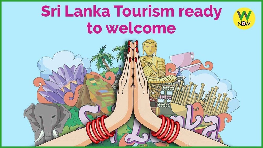 A greeting gesture with hands, a Buddha statue, traditional drums, and a tea set, representing Sri Lankan culture. 2