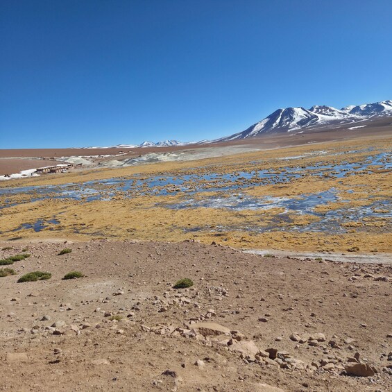 A barren landscape with scattered rocks, patches of snow, and distant snow-capped mountains under a clear blue sky. 3
