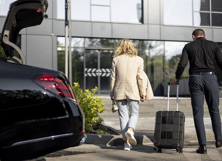 A person with a suitcase walking past a car with its trunk open. 1