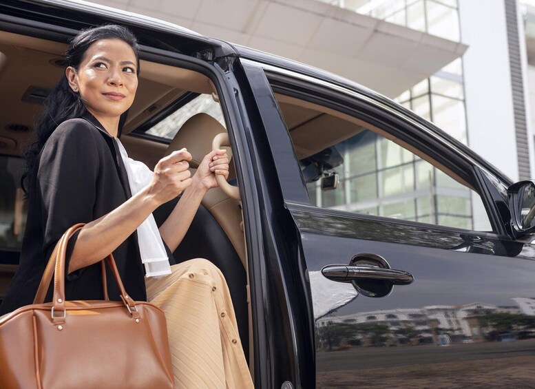 A person sitting in a car with the door open, holding a handbag. 3