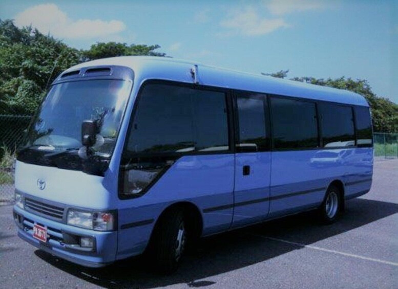 A light blue minibus parked in a lot with trees and a clear sky in the background. 2