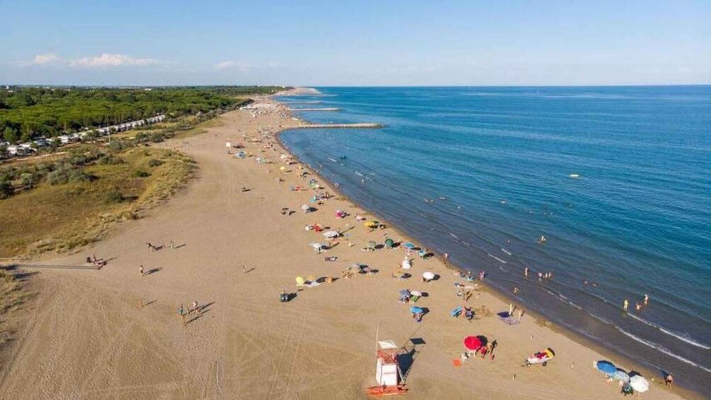 A beach with people sunbathing and swimming, a sandy shore, and a clear blue sea. 4