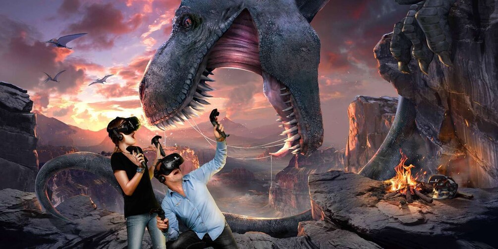 A dinosaur, a person with a VR headset, and a campfire. 4