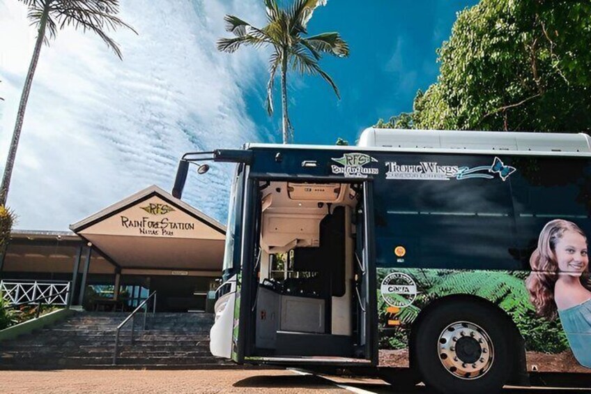A bus with Tropical Wires branding parked in front of a building labeled Rainforest Station. 2