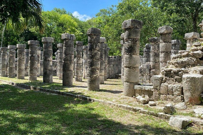 Ancient stone columns in a grassy area with trees in the background. 3