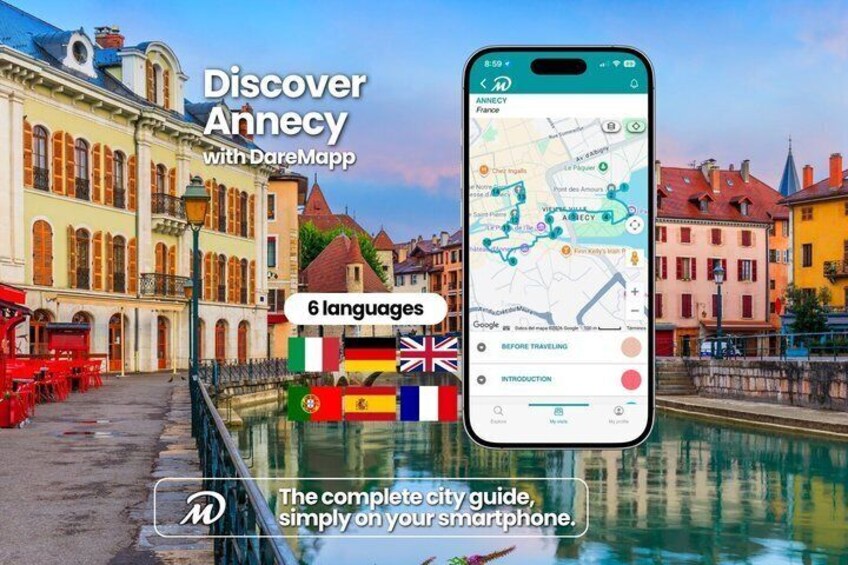 A smartphone displaying a map of Annecy, France, with a city guide interface. 1