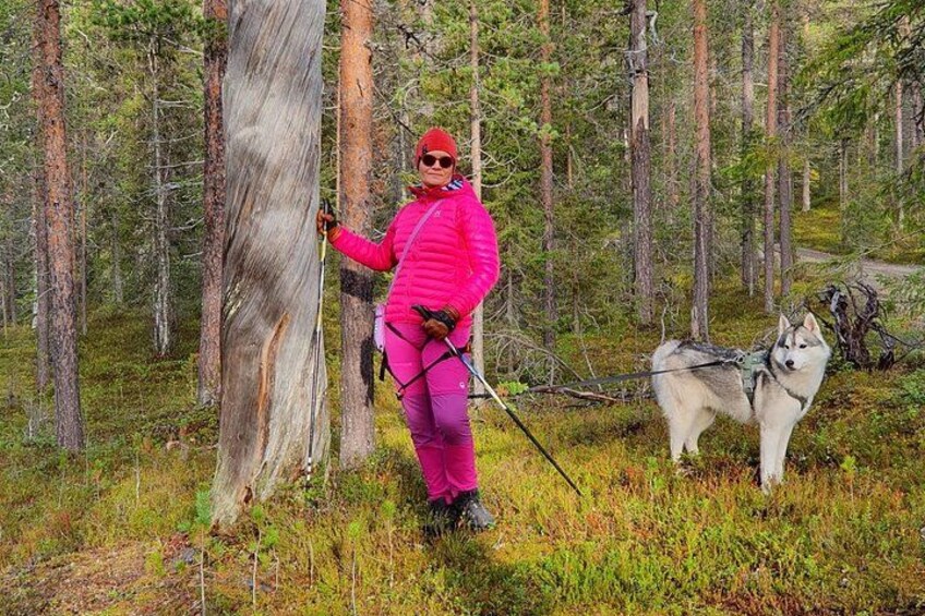 A person in a forest with a dog harnessed to a sled, standing next to a tree. 2