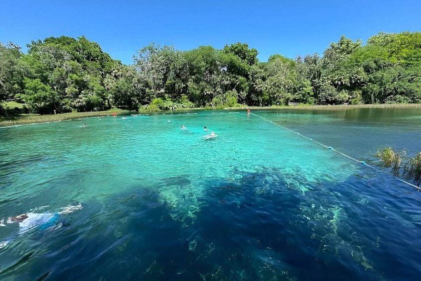 A clear blue lake surrounded by lush greenery. 3