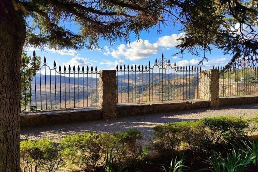 A stone fence with metal railings, a tree, and a view of distant hills. 1