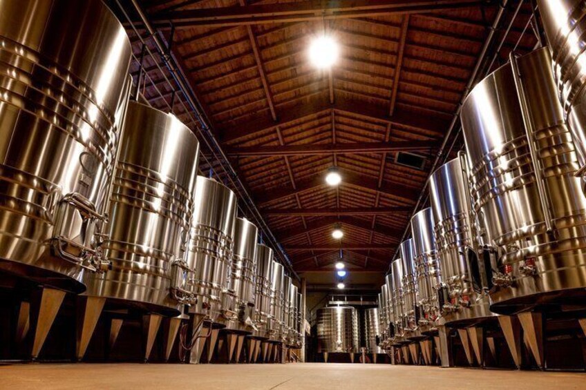 A series of stainless steel fermentation tanks in a warehouse with a wooden ceiling. 1