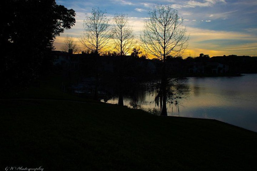 A sunset over a calm lake with silhouetted trees and houses in the background. 2