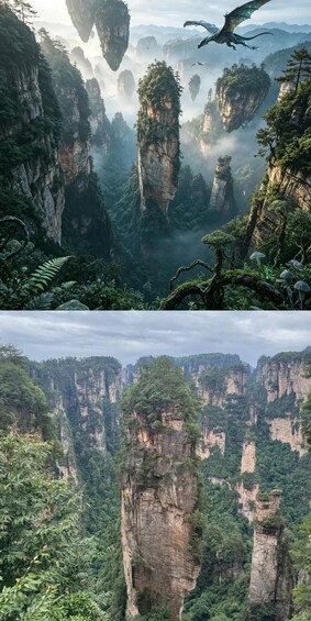 A mountainous landscape with towering rock formations and dense forest. 4