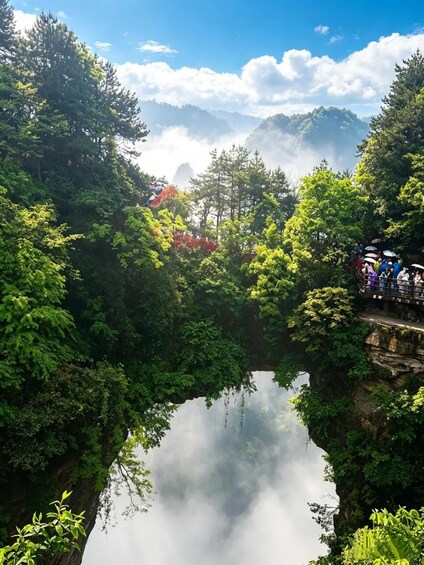 A forested area with a misty lake, a viewing platform, and people observing the scenery. 3
