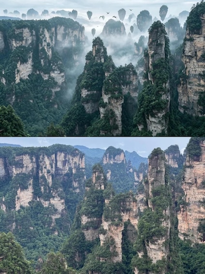 A landscape of towering limestone karst mountains with dense forest coverage. 5