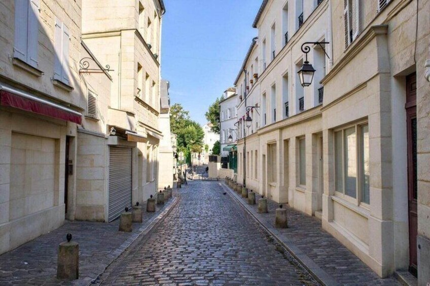 A cobblestone street flanked by historic buildings with shutters and awnings, leading to a distant tree-lined area. 4