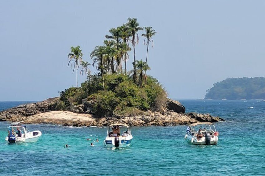A tropical island with palm trees, clear blue water, and several boats. 4