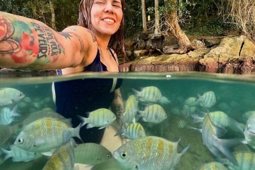 A person in a swimming pool surrounded by fish. 1