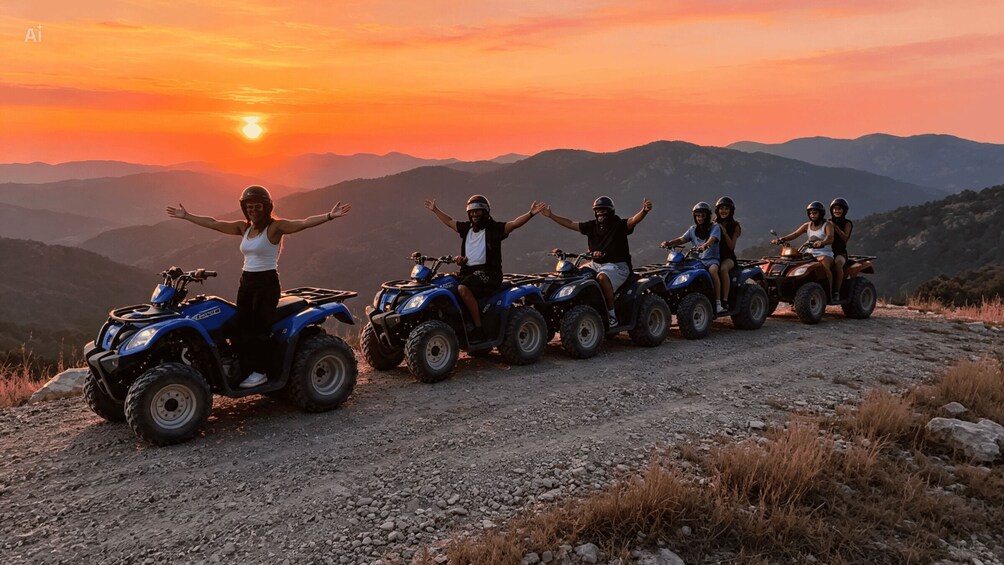 A group of people on ATVs on a mountain trail at sunset. 5