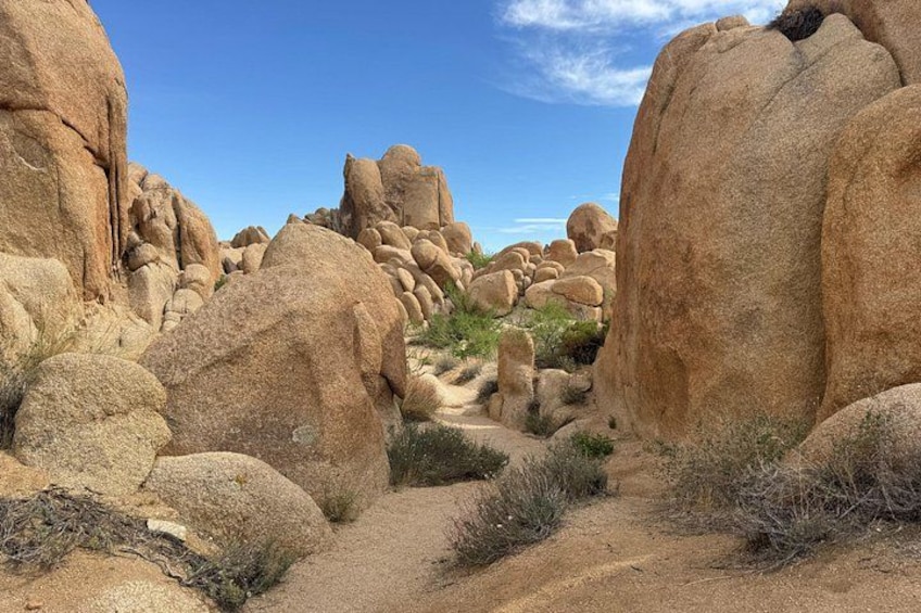 A desert landscape with large boulders and a narrow path. 4