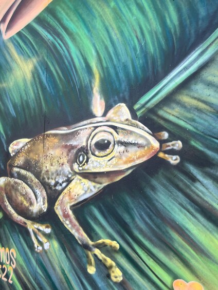 A painted frog on a textured surface. 2