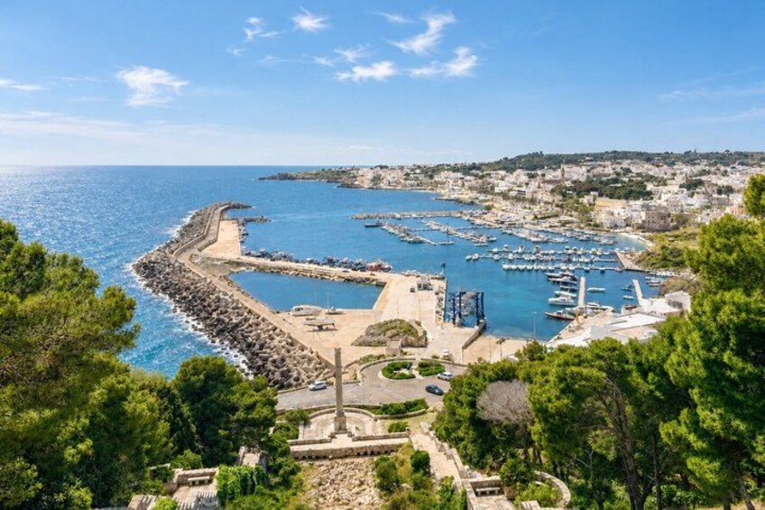 A coastal town with a marina, rocky shoreline, and lush greenery. 1