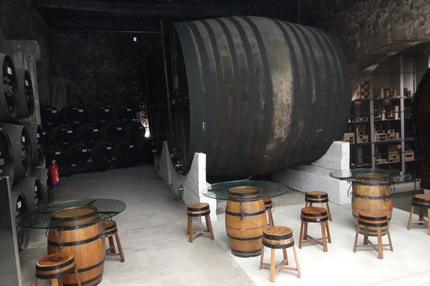 A cellar with large barrels and wooden stools. 4
