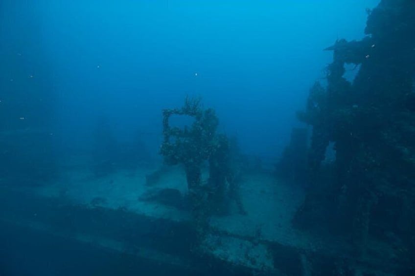 An underwater scene with a shipwreck and marine growth. 3