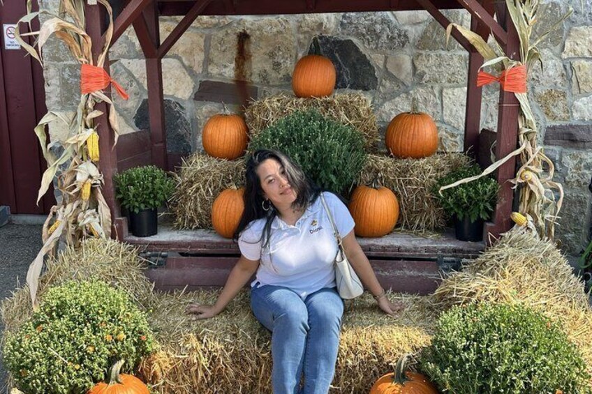A woman sitting in front of a display of pumpkins and hay bales. 5