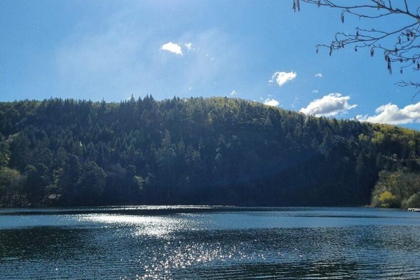 A lake with a forested hill in the background. 4