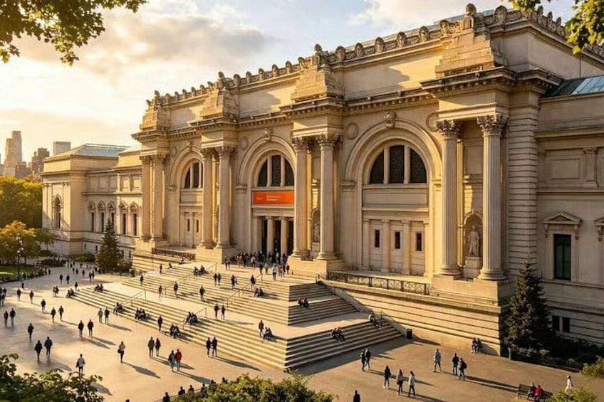 A large classical building with a grand entrance, steps leading up to it, and a busy public square in front. 5