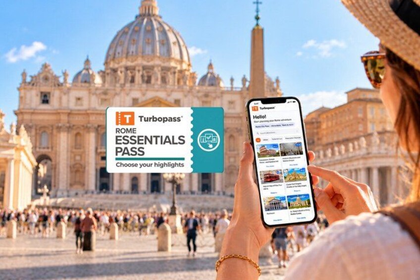 Une personne tenant un smartphone affichant l’interface d’une application de voyage, devant la basilique Saint-Pierre à Rome. 1