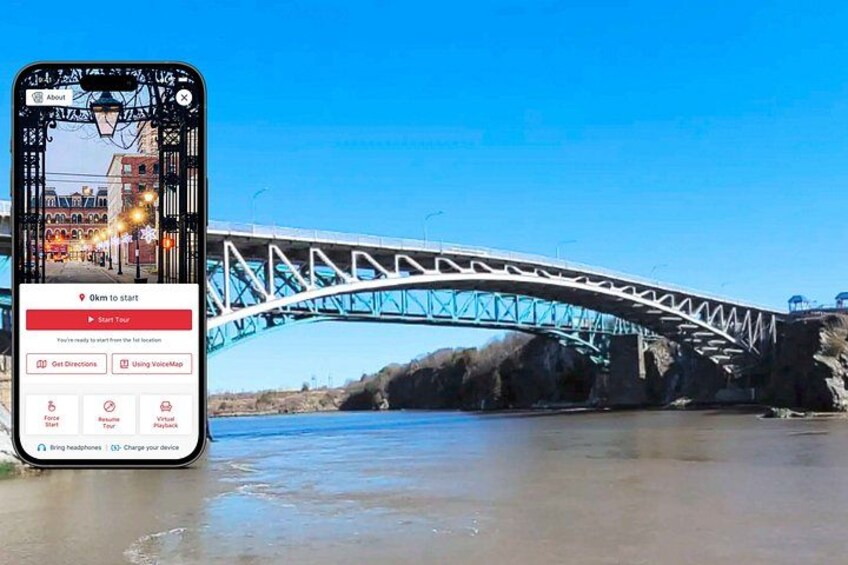 A smartphone displaying a map with a bridge and a river. 1