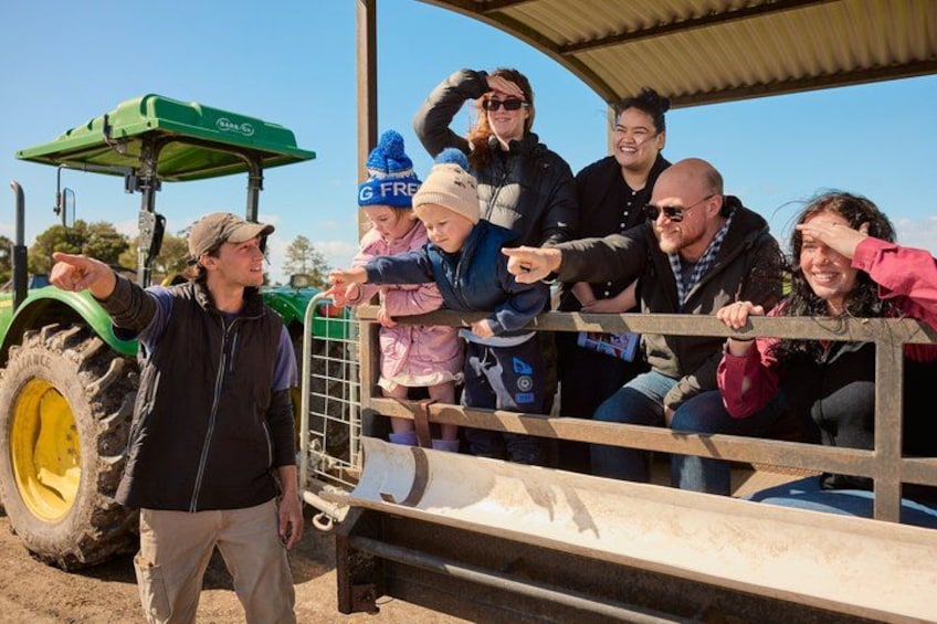 A group of people observing a green tractor. 1