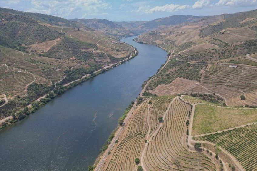 A river winding through terraced vineyards. 2