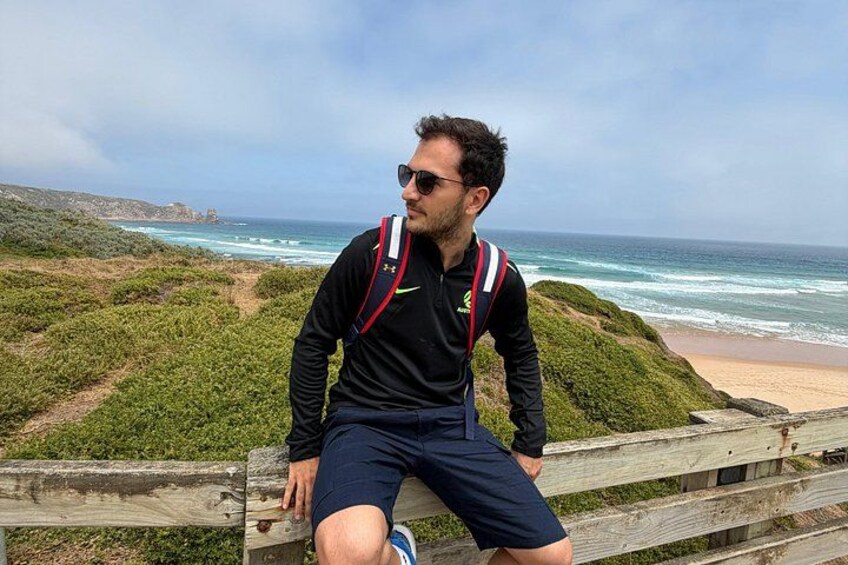 A person sitting on a wooden fence overlooking a beach with ocean waves and greenery. 4