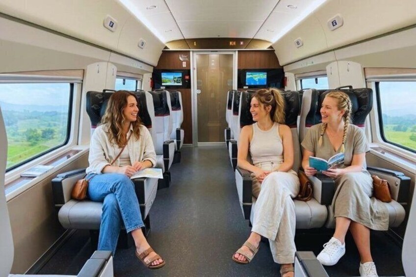 A train interior with passengers seated, a television screen, and windows with a view of the countryside. 3