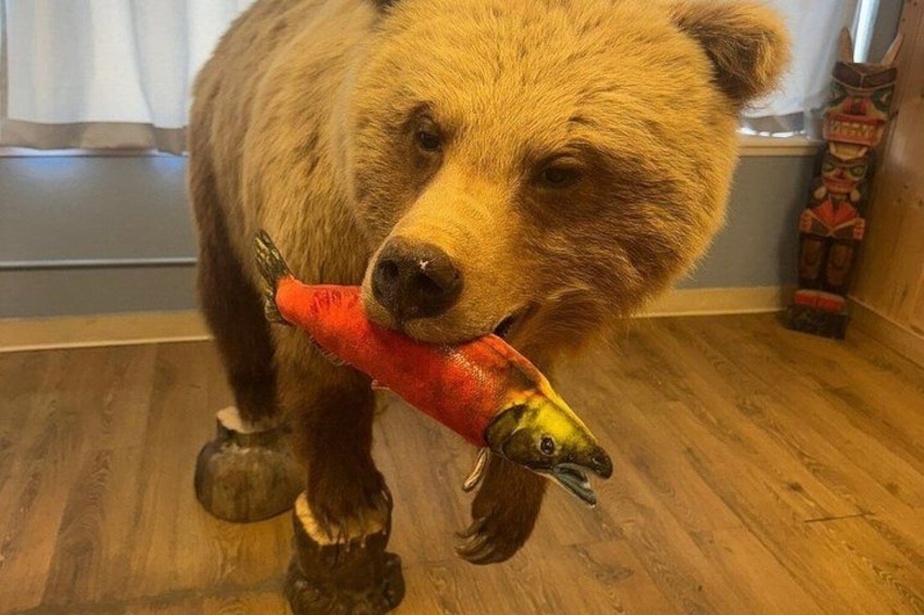 A bear holding a toy fish. 3