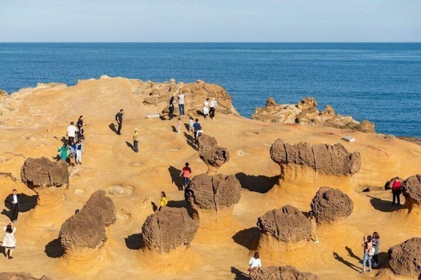 A rocky coastal landscape with people walking and standing. 3