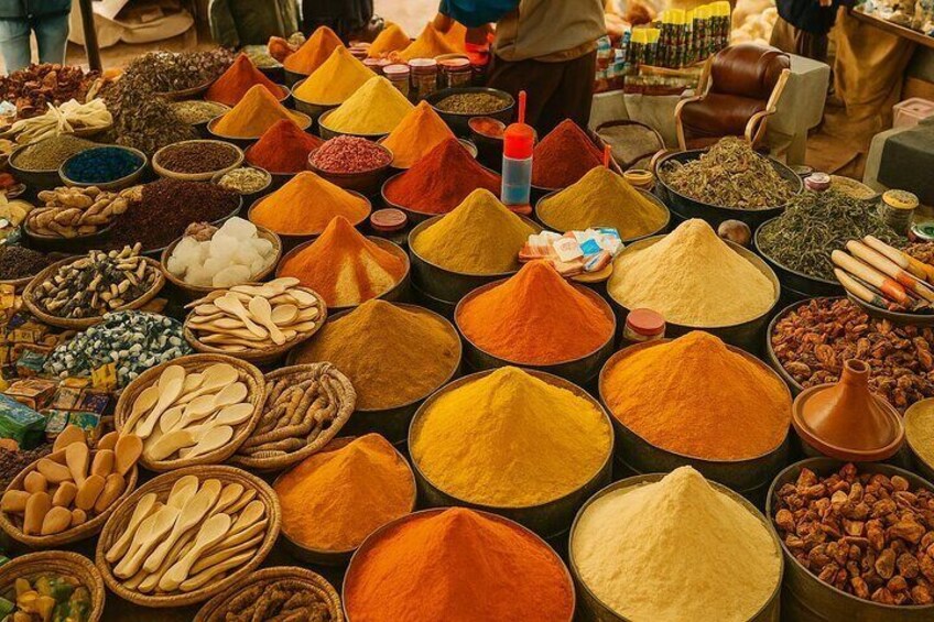 A market stall with various spices and grains displayed in large bowls and baskets. 4