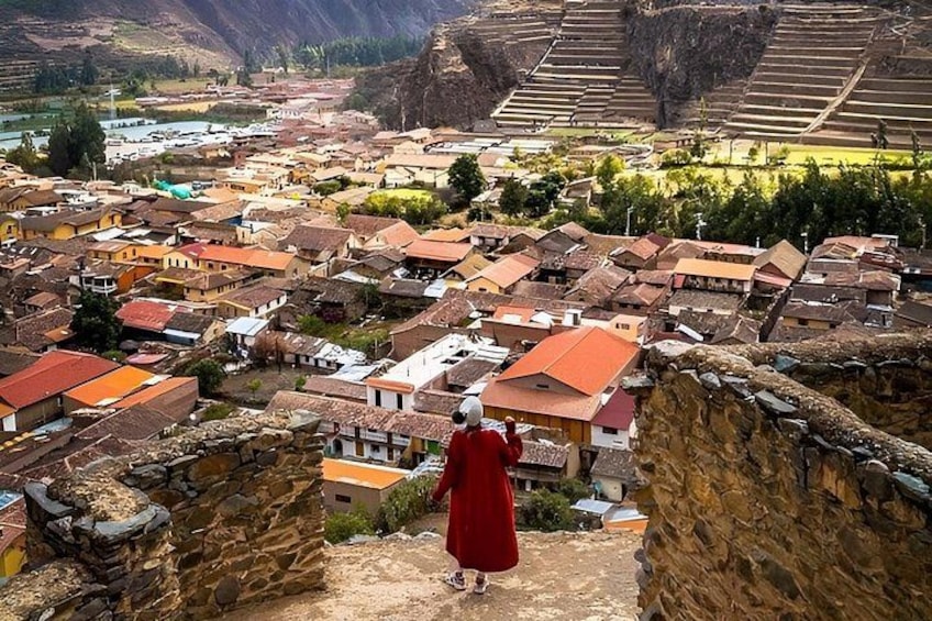 A person in a red robe overlooking a terraced agricultural landscape with buildings. 5