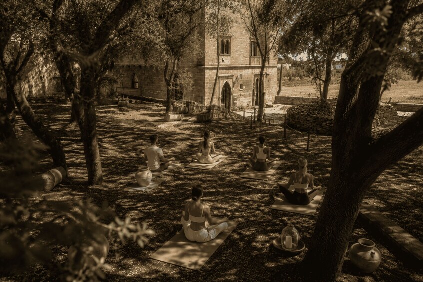 A group of people meditating in a shaded outdoor area with trees and a stone building in the background. 4
